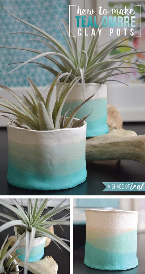 How to make Teal Ombre Clay Pots. Air Plant & succulent vase holder | A Shade Of Teal Kiln Pottery, Clay Plant Pots, Teal Ombre, Diy Air Dry Clay, Vase Holder, Air Dry Clay Projects, Clay Planters, Clay Crafts Air Dry, Clay Vase