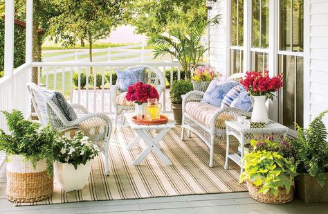 How To Clean Pollen Off Your Outdoor Furniture Brick Porch, Porch And Patio, Patio Design Ideas, Covered Patios, Porch Doors, Side Porch, Porch Design, The Porch, Wicker Furniture