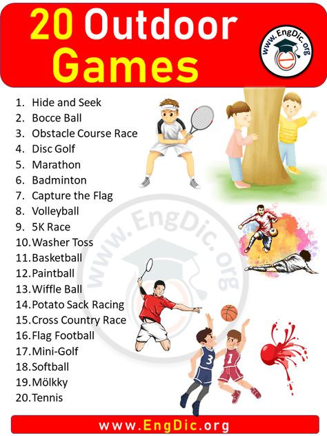 20 Outdoor Games Name, Games Names List The weather is finally starting to get nicer and that means one thing: outdoor games! There are so many different games that can be played outdoors and they are all so much fun. From tag to frisbee to cornhole, there is something for everyone. My personal favorite is frisbee golf. All you need is a frisbee and some friends and you are good to go. Here is the List of 20 Outdoor games Names: Hide and Seek Bocce Ball Obstacle Course Race Disc Golf Marathon Ba Sports Day Games, Outdoor Games To Play, Potato Sack Races, Sack Race, Obstacle Course Races, 5k Race, Names List, Bocce Ball, Activities Ideas