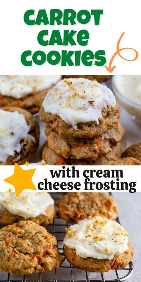 These Carrot Cake Cookies are soft, tender, loaded with shredded carrots, and topped with a fantastic cream cheese frosting. They taste just like carrot cake! Cookies With Cream Cheese Frosting, Cookies With Cream Cheese, Carrot Cake Cookies, Cream Cheese Cookies, Spring Cookies, Delicious Cream, Delicious Cookie Recipes, Carrot Recipes, With Cream Cheese Frosting