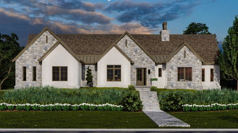 Welcome to The Bridgewater, where the charm of an English Cottage Style meets modern convenience. This single-story 4-bedroom house plan exudes character and luxury. The split bedroom layout ensures privacy, with the vaulted primary bedroom suite boasting a lavish bathroom, walk-in closet, and an optional direct connec Austin Stone Homes Exterior, House Plan With Dog Wash, 4 Bedroom European House Plan, 4 Bedroom 3.5 Bath House Plans One Story, House Plan With Keeping Room, English Cottage House Plans One Story, French Modern Exterior, English Cottage Floor Plans, Modern French Country House Plans