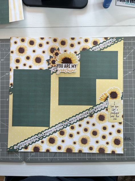 This new sunflower paper is GORGEOUS! Love this technique to create interest on my scrapbook photo pages! Scrapbook Sunflower Layout, You Are My Sunshine Scrapbook Layout, Sunflower Scrapbook Ideas, August Scrapbook Ideas, Sunflower Scrapbook, Sunflower Paper, Wedding Scrapbooking Layouts, Scrapbook Pictures, Scrapbooking Wedding