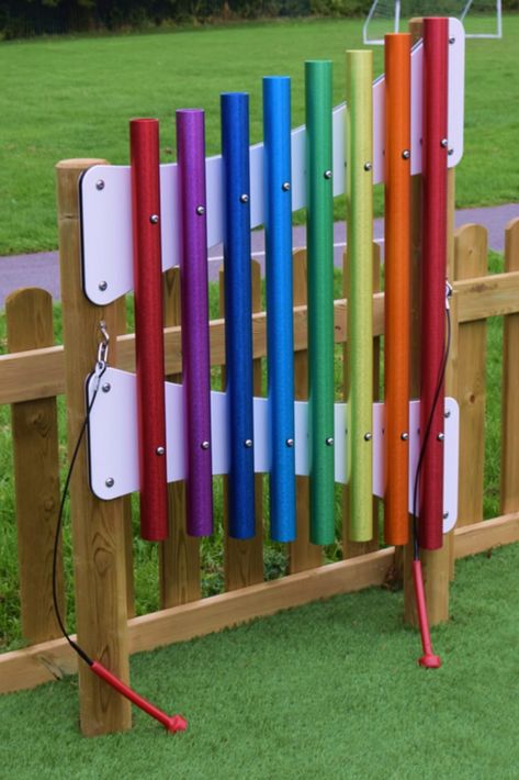 Outdoor Musical Playground, Sensory Fence Ideas, Outdoor Sensory Wall Fence, Outdoor Music Wall For Kids, Outdoor Sensory Wall, Outdoor Music Area, School Outdoor Area, Church Playground, Music Garden