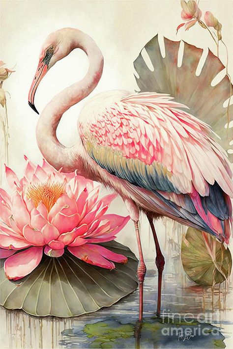 Tina Lecour | Pretty Pink Flamingo 2 Colorful Floral Art, Flamingo Illustration, Illustration Kunst, Art Funky, Bird Illustrations, Flamingo Decor, Funky Wall Art, Pastel Sec, Animal Portraits Art