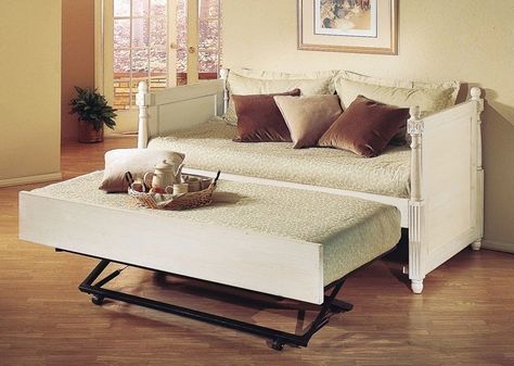 This fashionable daybed is a great, stylish addition to any room or decor. This daybed may be used to take a nap, relax or to sleep your guests when needed. The bed also features a pop-up trundle, which may be used as an additional place to sleep. King Murphy Bed, Pop Up Trundle Bed, Nyc Bedroom, French Daybed, Pop Up Trundle, Full Size Daybed, Sofa Daybed, Murphy Bed Ikea, Metal Daybed