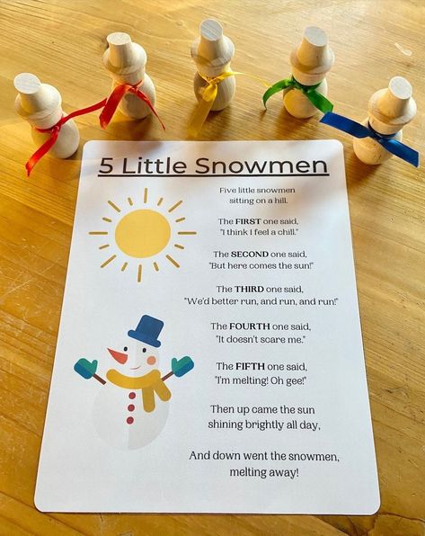 "Help your little one boost their early reading and listening comprehension skills as well as retelling abilities with this laminated copy of the classic poem, \"Five Little Snowmen\" and five little wooden snowmen adorned with rainbow ribbons! This poem helps support rhyming, rhythm, and reading dialogue with expression. Your little one can learn to recite the poem by themselves, act it out as they listen, or retell the poem on their own using the five little snowmen as props! Set contains: *la Five Little Snowmen, Rainbow Ribbons, Winter Activities Preschool, Wooden Snowmen, Preschool Christmas Crafts, Listening Comprehension, Comprehension Skills, Finger Plays, Drama Ideas