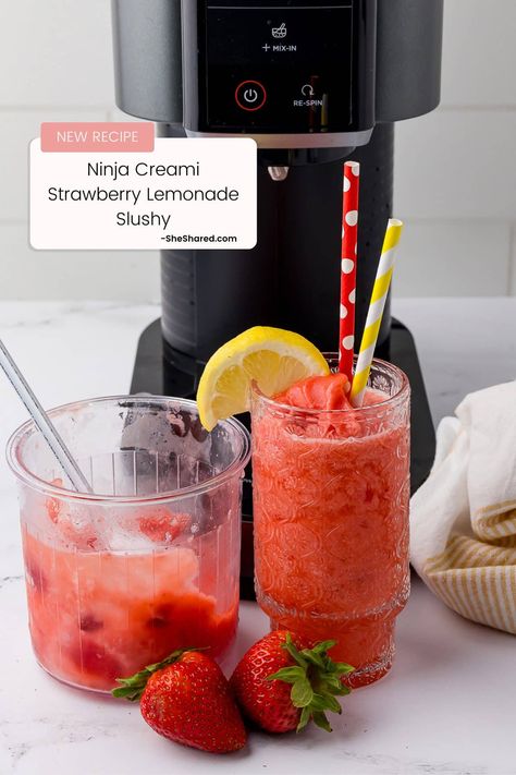 Ninja Creami Strawberry Lemonade Slushy Ninja Cream Slushie, Ninja Creami Soda Slushie Recipes, Ninja Creami Slushy Recipe, Ninja Creami Slushie, Ninja Thirsti Drink Recipes, Ninja Creami Cocktails, Ninja Creami Deluxe Slushie Recipes, Ninja Slushie Machine Recipes, Ninja Creami Slushie Recipes