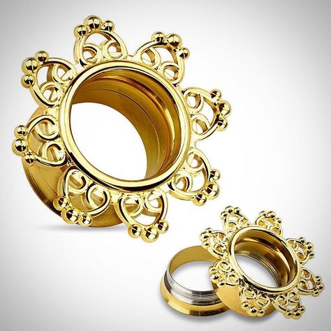 Gold Ion-Plated Tribal Filigree Ear Tunnels...1 pair - $10.99 www.bodyjewelry.com Gold Tunnels, Gauges Piercing, Ear Gauges Plugs, Piercing Cartilage, Silver Nose Ring, Ear Tunnels, Body Jewelry Piercing, Heart Choker, Tunnels And Plugs