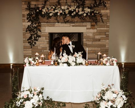 Sweetheart Table Wedding With Fireplace, Bride And Groom Table In Front Of Fireplace, Sweetheart Table With Fireplace, Sweetheart Table Fireplace, Fireplace Sweetheart Table, Sweetheart Table Wedding Fireplace, Sweetheart Table In Front Of Fireplace, Canyonwood Ridge Wedding, Fall Sweetheart Table Wedding