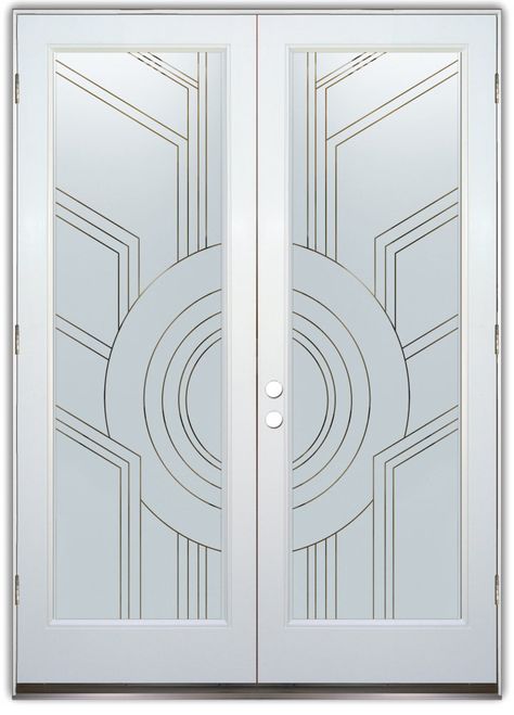 Glass Door - Sun Odyssey Frosted Pinstripe Double Entry Doors Wood, Double Entry Door, Interior Glass Doors, Glass Front Doors, Entry Door Designs, Glass Etching Designs, Kitchen Entry, Modern Entrance Door, Art Deco Door