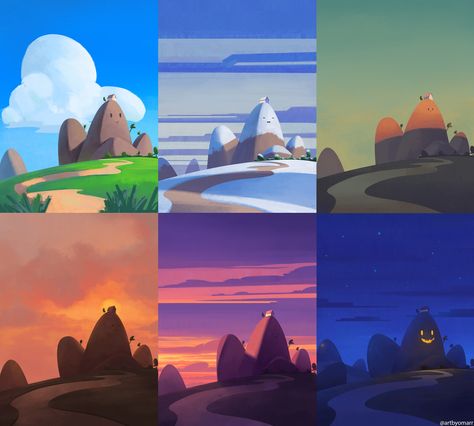 Lighting In Digital Art, Color Theory Landscape, Environment Lighting Reference, Night Color Palette Illustration, Color Cube Palette, Character Design Mood Board, Digital Painting Background, Digital Painting Landscape, Color Palette Art