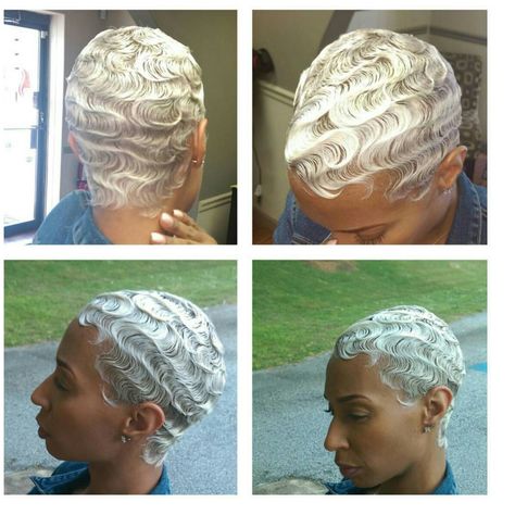 Platinum Fingerwaves, Black Women Finger Waves, Blonde Fingerwaves Black Women, Finger Waves Natural Hair, Platinum Blonde Pixie, Waves Haircut, Finger Waves Short Hair, Short Hair Waves, Grey Hair Looks