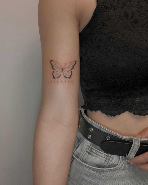 Blessed Butterfly Tattoo, Back Tats Women Butterflies, Bicep Butterfly Tattoo Women, Blessed Tattoo With Butterfly, Butterfly Bicep Tattoo Women, Simple Bicep Tattoos For Women, Tattoo On Bicep Women, Bicep Butterfly Tattoo, Butterfly Bicep Tattoo