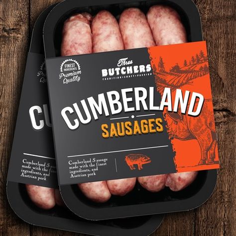 Runner-up design by EM180 Meat Packaging Design, Sausage Brands, Sausages Packaging, Meat Packaging, Vacuum Sealing Food, Cumberland Sausage, Carnicerias Ideas, Frozen Food Packaging, Meat Packing