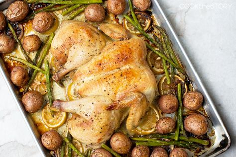 How to make a spatchcock chicken meal with potatoes, asparagus and lemon all on one pan. Potatoes And Asparagus, Potatoes Asparagus, Chicken With Potatoes, Spatchcock Chicken, One Pan Dinner, Chicken Potatoes, Sheet Pan Dinners, One Pan, Sheet Pan Recipes