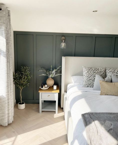 Bedroom Panelling Modern, Bedroom Ideas Green Panelling, Bedroom Headboard Paneling, Panelled Bedroom Wall Headboards, Super King Bedroom Ideas, Vertical Bedroom Panelling, Green Bedroom Wall Panelling, Panelling Green Bedroom, Bedroom Panelling With Picture Rail