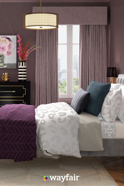 Make your bedroom a glamorous retreat with velvet purple curtains, cheetah-print bedding, a black and gold dresser, and a golden metal drum chandelier. Wayfair has all your bedroom decor essentials, from wall art to area rugs and more. Luxe Bedroom Ideas, Black And Gold Dresser, Real Bedroom, Grey And Gold Bedroom, Small Bedroom Ideas For Women, Geek Home Decor, Guest Room Essentials, Bedroom Purple, Bedroom Theme