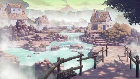 Hot spring town, matcha so on ArtStation at https://www.artstation.com/artwork/L96Ar Hot Spring Concept Art, Hot Springs Concept Art, Hot Springs Illustration, Hot Spring Drawing, Minecraft Hot Spring, Minecraft Hot Springs, Minecraft Town, Natural Hot Spring, Spring Cartoon