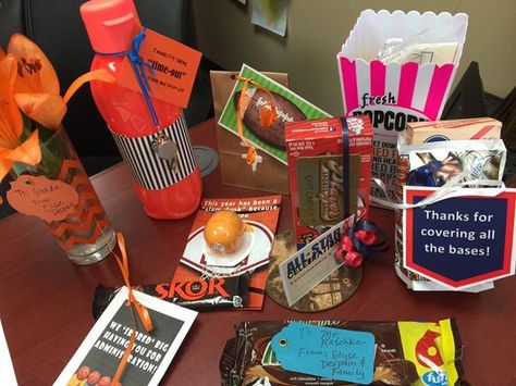 This is Part Two of a Blog Post about a Sports Themed Teacher Appreciation Week. This posts details the handouts we gave our to the teacher... Baseball Theme Gifts, Appreciation Themes, Teacher Appreciation Themes, Teacher Encouragement, Teacher Morale, Room Parent, Pta Ideas, Teachers Week, Staff Appreciation Week