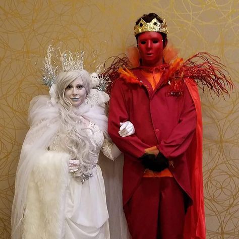 Haven Hair Salon on Instagram: “This epic "Fire & Ice" themed couples costume features our owner Kristi, and her husband Alex. Kristi does not take halloween lightly, she…” Fire And Ice Couples Costume, Fire Headband, Genshin Impact Hilichurl, Flame Costume, Fire And Ice Costume, Fire Cosplay, Ice Costume, Abyss Mage, Fire Costume