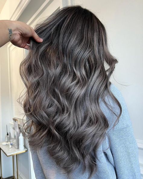 Natural Dark Hair with Gray Highlights Metallic Gray Hair Color, Dark Hair With Gray Highlights, Dark Hair With Gray, Hair With Gray Highlights, Highlights For Gray Hair, Silver Grey Hair Dye, October Hair, Grey Brown Hair, Grey Blending