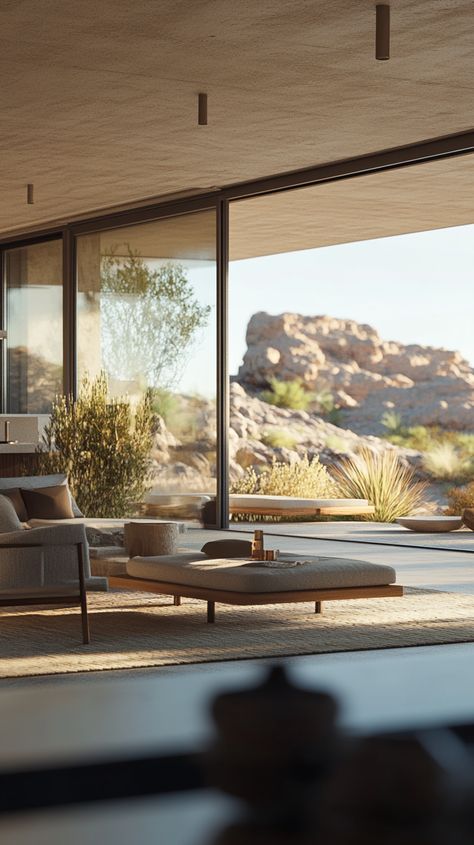 Name: Modern desert home with large windows showcasing the landscape. Modern Desert Home Interiors, Desert Modern House, Desert Homes Interior, Home With Large Windows, Modern Desert Home, Vast Landscape, Modern Desert, House Vibes, Desert Design