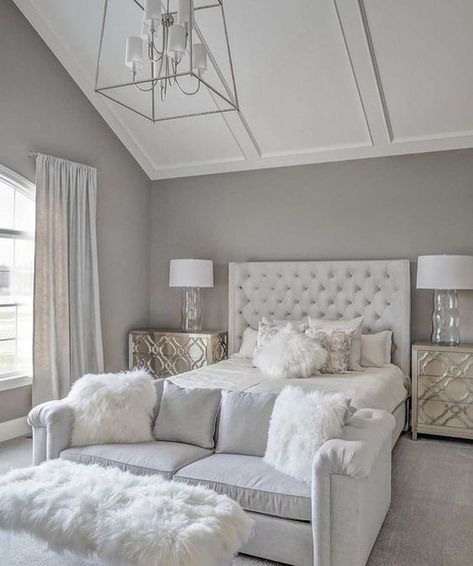 40 Grey and White Bedroom Ideas White Glam Bedroom, Velvet Tufted Bed, Glam Bedroom Decor, White Bedroom Decor, Glam Bedroom, Tufted Bed, Teen Bedroom Decor, Elegant Bedroom, Stylish Bedroom