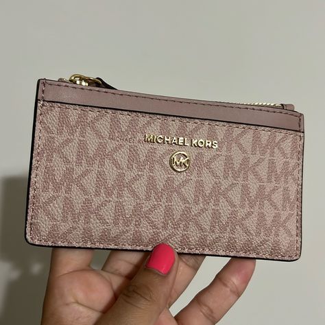 Mk Pink Card Holder. Gold Hardware. Comes With Keyring Attached Inside. Pink Card Holder, Gold Wallet, Pink Cards, Large Wallet, Leather Card Case, Coin Bag, Michael Kors Wallet, Orange Bag, Signature Print