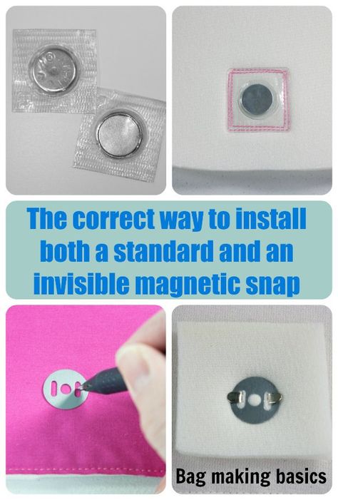 Learn how to install magnetic clasps and snaps the right way.  This tutorial shows you both the invisible and the regular magnetic snaps.  I wasn't adding enough stabilizer to mine for sure. Snap Bag, Modern Bag, Costura Diy, Sewing Purses, Sewing Leather, Sewing Projects For Beginners, Sewing Tools, Women's Handbags, Jewelry Women