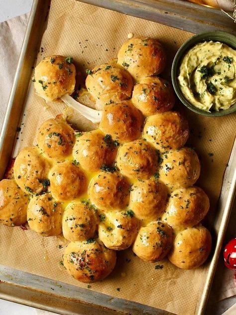 Christmas Tree Tear & Share Cheesy Garlic Bread | SheerLuxe Garlic Cheese Bread Christmas Tree, Christmas Cheese Bread, Christmas Tree Tear And Share Bread, Christmas Tree Dough Balls, Tear And Share Garlic Bread, Christmas Garlic Bread, Tear And Share Christmas Tree, Cheesy Christmas Tree Bread, Garlic Balls