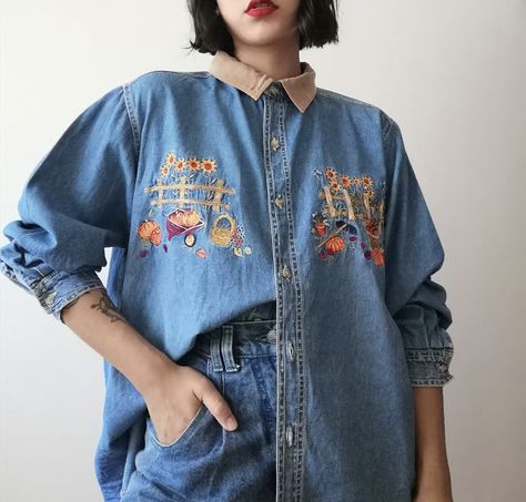 Denim For Women, Dress Designing, Shirt Aesthetic, Denim Button Down, Closet Fashion, Character Designs, Winter 2023, Vintage Vibes, Embroidered Shirt