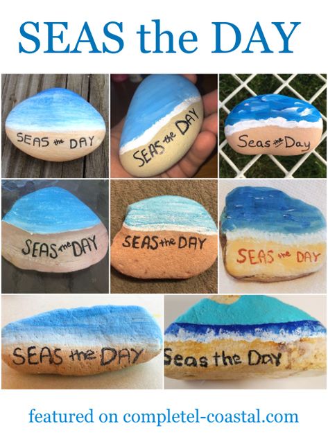 This painted rock idea took off! Fun painted seas the day rock with an ocean beach theme. The rock on the top left is the original inspiration painted rock (click to see it on Completely Coastal). Painted Rocks Ocean Beach Scenes, Rock Painting Ocean Theme, Ocean Themed Painted Rocks, Diy Beach Crafts, Stone Art Diy, Popsicle Stick Crafts For Kids, Beach Crafts Diy, Beach Decorations, Painted Seashells