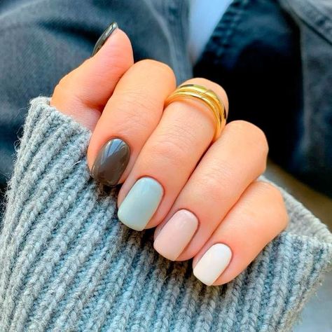 Trendy Manicure Ideas In Fall Nail Colors Inspired #nails Fall Nail Colors Multicolor, Different Color On Each Nail Ideas, Matte Multi Color Nails, Fall Nails Multi Colored, Nail Multi Color Ideas, Pop Of Color Nails, Autumn Nail Colours 2024, Three Color Nails, Mismatched Nails Color Schemes