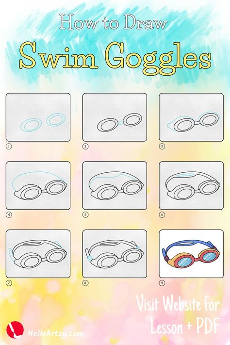 Step by step images demonstrating  how to draw swim goggles - A Drawing Lesson for Kids! How To Draw Swimming, How To Draw Goggles, Swimming Drawing Easy, Swimming Sketch Drawings, Swimming Doodle, Swimming Doodle Art, Swimming Goggles Drawing, Goggles Drawing, Swimming Goggles Illustration