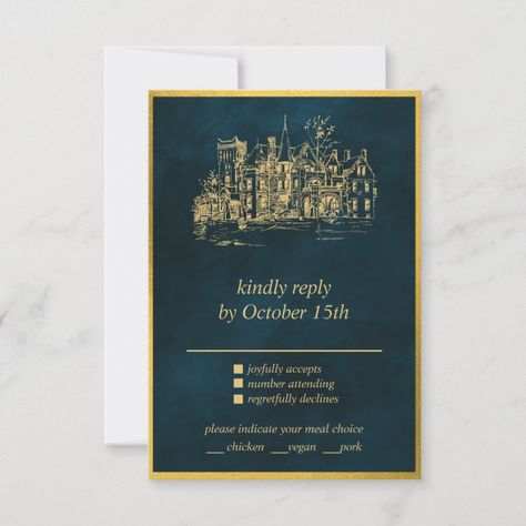 Fairy Tale Whimsical Castle Emerald Gold RSVP card  Zazzle Whimsical Castle, Emerald Green And Gold, Magical Wedding, Rsvp Card, Hat Crafts, Gaming Wall Art, Fairy Tale, Green And Gold, Emerald Green