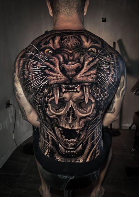 Skull On Back Tattoo, Men’s Full Back Tattoo, Skull Back Tattoo Men, Full Back Skull Tattoo, Full Back Tattoo Ideas, Tiger Skull Tattoo, Fullback Tattoo, Native American Skull, Full Chest Tattoos