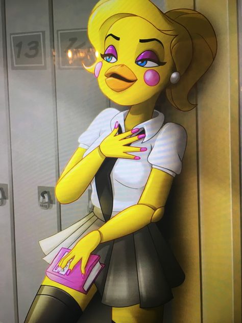 High school Chica Female Nightguard Fnaf, Girl High School Oc, Mlp High School, Female Golden Freddy, Monster High School Characters, Dti Ideas, Fnaf Art, Five Night, Five Nights At Freddy's