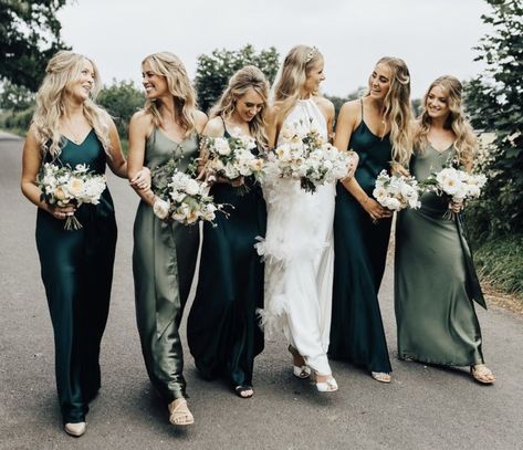 Green Satin Bridesmaid, Mixed Bridesmaid Dresses, Green Satin Bridesmaid Dresses, Patterned Bridesmaid Dresses, Dark Green Wedding, Bridal Parties Colors, Dark Green Bridesmaid Dress, Forest Theme Wedding, Magnolia Wedding