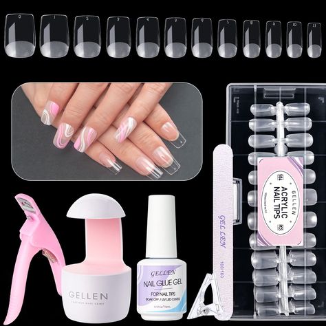 PRICES MAY VARY. Easiest Acrylic Nail Starter Kit: comes with 504pcs clear short square false nails, 1* portable mini nail lamp,1* 3 in 1 nail glue gel, 1*nail file, 1* nail clipper, 1* nail tip clip, Gellen All-In-One Short Nail Tips and Glue Gel Kit has everything you need to extend the nails, offers you a so easy, so pro long nails DIY manicure Fun~ Short Quality False Nail Tips：Made with premium quality material and advanced technology, Gellen short length square shape acrylic nails tips are Diy Long Nails, Acrylic Nail Starter Kit, Nail Glue Gel, Gel French Manicure, Natural Nail Art, Gel Nail Extensions, Nail Art Salon, Manicure Gel, Acrylic Nail Kit