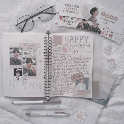 Kpop Journal Without Pictures, Bts Journal Ideas Without Pictures, Jungkook Journal, Happy Birthday Jungkook, Birthday Jungkook, Bts Journal, School Book Covers, Army Logo, Minimal Vintage