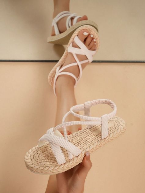 Women's Flat Sandals, Vacation Style With Woven Textile Strap And Grass Weave Bottom, Casual And Simple, Crossed White And Beige Sandals With Strap And Knot Detailing, Open Toe Beige Vacation    Plain    Women Shoes, size features are:Bust: ,Length: ,Sleeve Length: Sandals Vacation, White Women Dresses, Summer Sandals Flat, Beige Sandals, White And Beige, Elegant Dresses Long, Vacation Style, Womens Sandals Flat, Bow Hair Clips