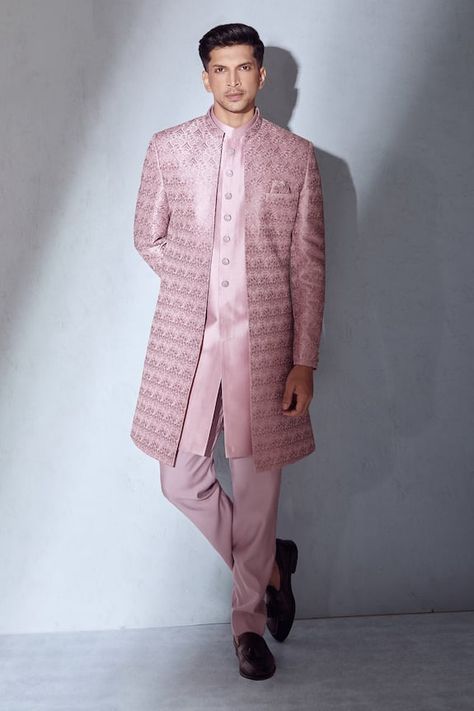 Onion pink sherwani jacket with thread embroidery all over. Paired with a sleeveless kurta and pant. - Aza Fashions Pink Kurta For Men, Sherwani Jacket, Pink Sherwani, Onion Pink, Sleeveless Kurta, Embroidered Sherwani, Kurta Men, Kurta Set For Men, Thread Embroidery