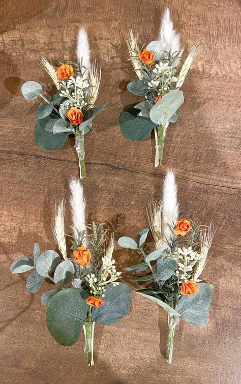 Mens Fall Boutineers, Boutineer Ideas Terracotta, Boutinere Ideas Groomsmen Rustic, Western Boutineer Grooms, Boutineer Terracotta, Mens Flower Wedding, Mens Fall Wedding Boutonniere, Boutineer Ideas Fall, Fall Bouteniers Groomsmen