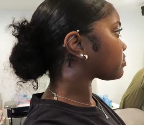 Ankh Tattoo Back Of Neck, Tattoos Behind The Ear Black Women, Ankh Tattoo Behind The Ear, Ankh Tattoo Ideas For Women, Anhk Tattoos Behind Ear, Ank Tattoo Black Women, Ankh Behind Ear Tattoo, Small Behind The Ear Tattoo Ideas Black Women, Behind Ear Tats Black Women