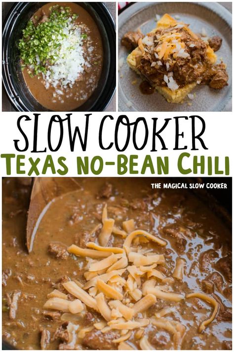 Slow Cooker Texas No Bean Chili is hearty even without the beans! This chili also doesn't have tomatoes, just great spice and beef flavor in this meal. - The Magical Slow Cooker Chili No Tomatoes, Texas No Bean Chili, Deer Chili Recipe, Red Chili Recipes, Texas Chili Recipe, Chili Without Beans, Magical Slow Cooker, Recipe Crockpot, Texas Chili