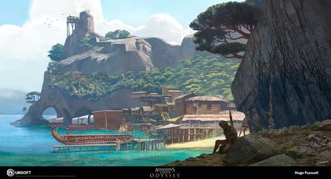 ArtStation - Pirate bay, Hugo Puzzuoli Ac Odyssey, Background Inspiration, Assassin's Creed Odyssey, Concept Art Gallery, Pirate Bay, Island Town, Assassins Creed Odyssey, Roman City, Fantasy Island