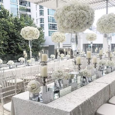 Wedding Venue Ideas | Wedding Ideas and venues Bling Wedding Theme, Reception Table Linens, Silver Wedding Decor, Silver Wedding Reception, Diamond Wedding Cakes, Silver Wedding Decorations, Tablecloth Wedding, Sweetheart Table Decor, White Wedding Decorations