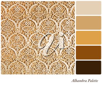 An expample of the intricate wall carvings or the Nasrid Palace, Alhambra, in a colour palette with complimentary colour swatches. Wall Carvings, Colour Swatches, Islamic Design, Card Invitation, Complimentary Colors, Neutral Colour Palette, Colour Schemes, Color Swatches, Map Art