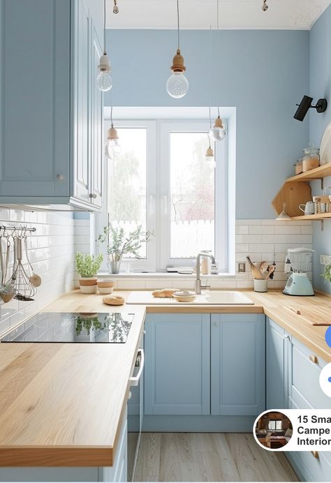 Light Blue Kitchen Ideas, U Shaped Kitchen Interior, Light Blue Kitchen, Blue Kitchen Ideas, Light Blue Houses, Blue Cabinetry, Blue Kitchen Walls, Kitchen Color Palettes, Light Blue Kitchens