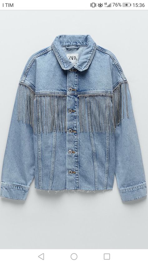 Blouse Casual Fashion, Denim Jacket Outfit, Looks Country, Rhinestone Fringe, Jeans Cropped, Embellished Jacket, Love Jeans, Denim Crafts, Zara Girl